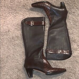 Prevata Brown Diana Leather Croc Heeled Boots